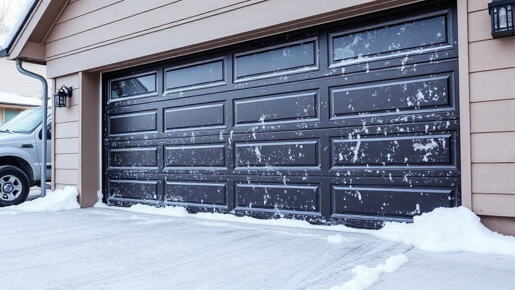 Garage door in winter with snow showing cold weather preparation importance