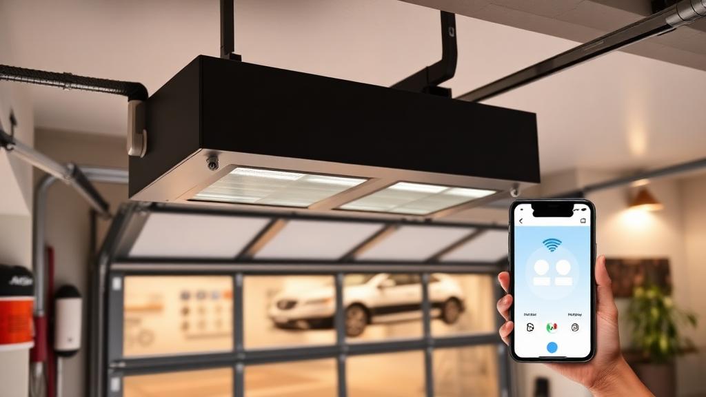Smart garage door opener with smartphone control demonstrating modern features