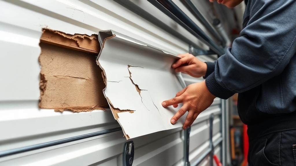 Technician repairing damaged garage door panel showing professional workmanship