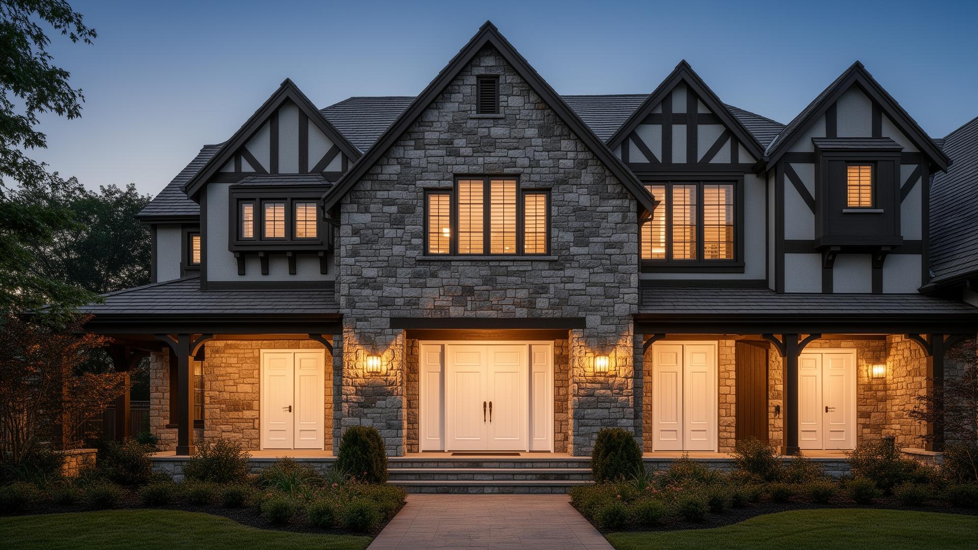 Beautiful Tudor style home with white raised panel steel garage doors at dusk