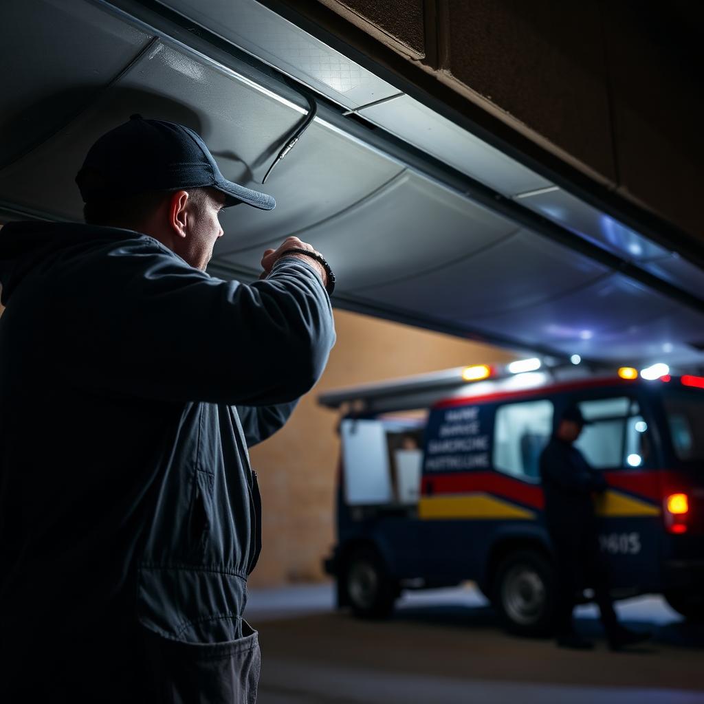Emergency garage door repair service at night with technician and service van